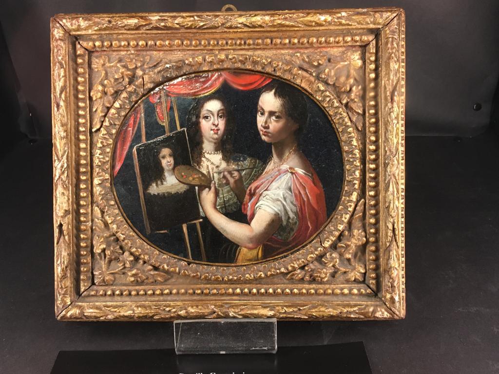 Camilla Guerrieri (Fossombrone 1628- post 1690), Allegory of the Painting with self-potrait and double portrait of Vittoria della Rovere. Oil on maiolica. Altomani Gallery
