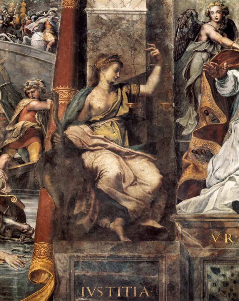 Raffaello, la Giustizia, Sala di Costantino, Vaticano, prima del restauro